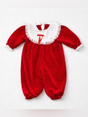 Vintage Sears Red Velvet Baby One-Piece with White Lace Collar | Christmas